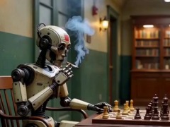 2 robots antiques identiques doués de conscience jouent aux échecs, l'un parle chinois, l'autre parle anglais .. An 2853 by Gobbo